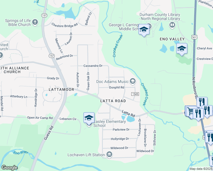 map of restaurants, bars, coffee shops, grocery stores, and more near 1202 Donphil Road in Durham