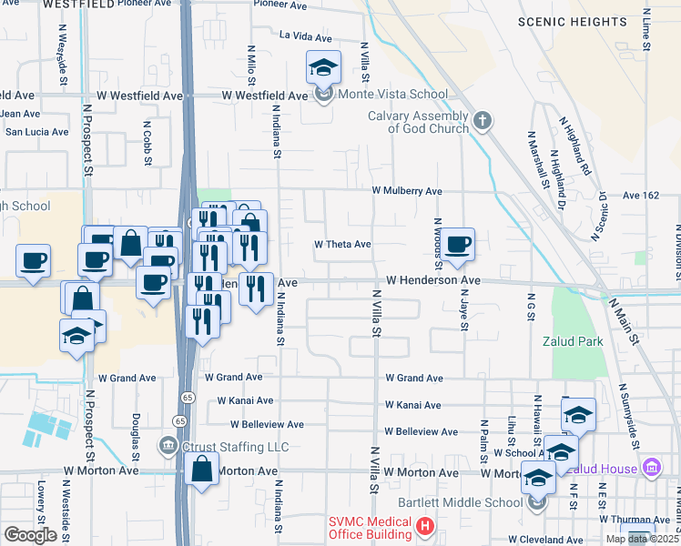 map of restaurants, bars, coffee shops, grocery stores, and more near 689 McComb Avenue in Porterville