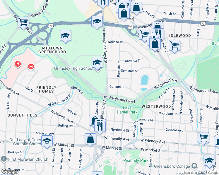 map of restaurants, bars, coffee shops, grocery stores, and more near 1504 Garland Drive in Greensboro