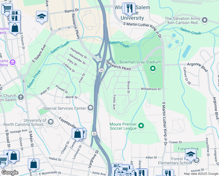 map of restaurants, bars, coffee shops, grocery stores, and more near 1350 Cunningham Street in Winston-Salem
