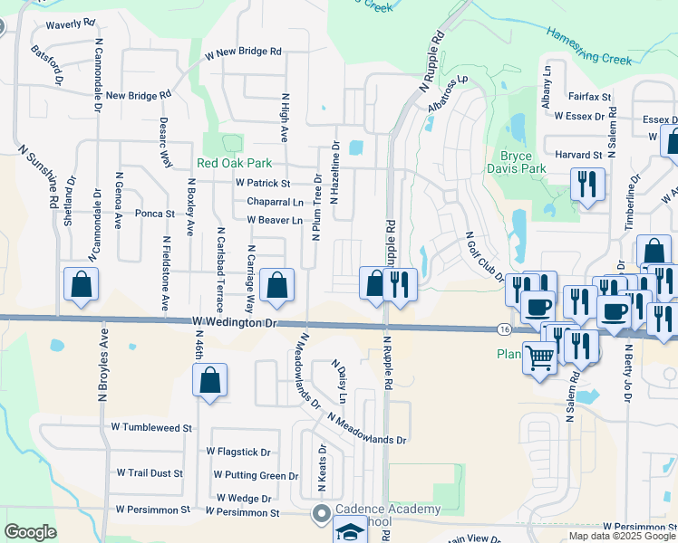 map of restaurants, bars, coffee shops, grocery stores, and more near 1285 North Corsica Drive in Fayetteville