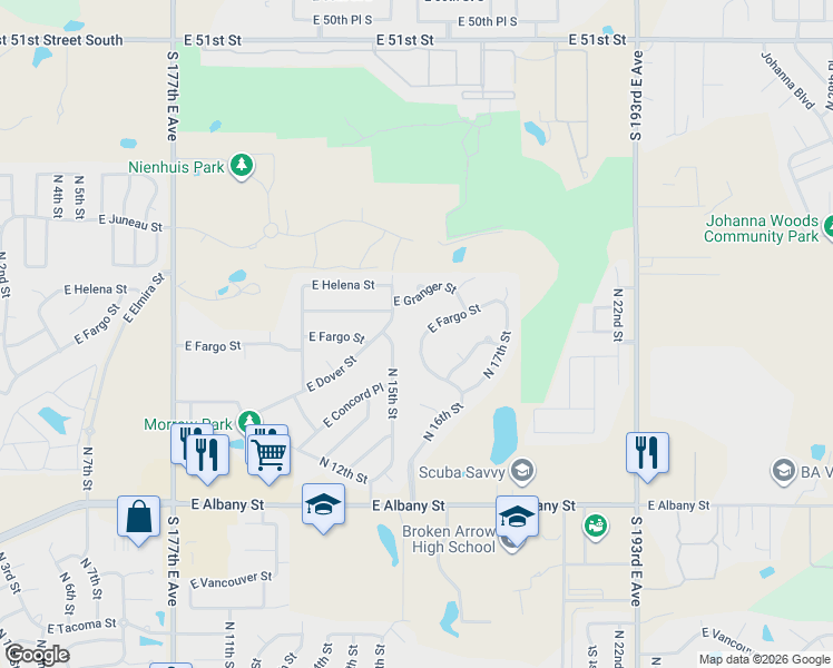 map of restaurants, bars, coffee shops, grocery stores, and more near 1608 East Fargo Street in Broken Arrow