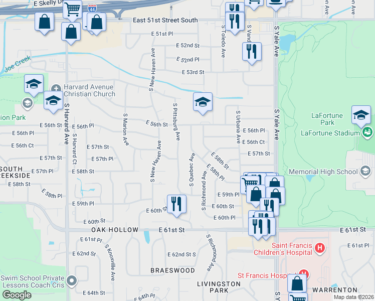 map of restaurants, bars, coffee shops, grocery stores, and more near 5644 South Quebec Avenue in Tulsa