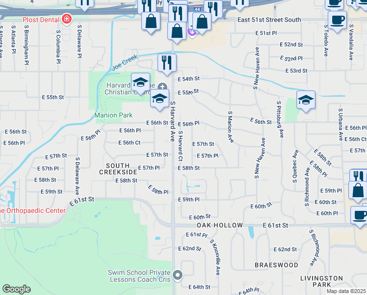 map of restaurants, bars, coffee shops, grocery stores, and more near 5706 South Indianapolis Avenue in Tulsa