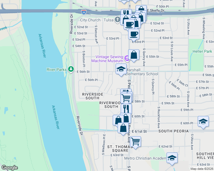 map of restaurants, bars, coffee shops, grocery stores, and more near 5608 South Madison Place in Tulsa