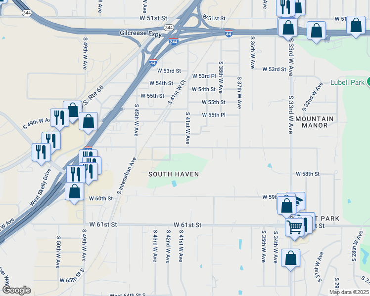 map of restaurants, bars, coffee shops, grocery stores, and more near 5648 South 41st West Avenue in Tulsa