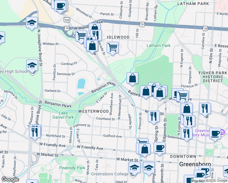 map of restaurants, bars, coffee shops, grocery stores, and more near 520 Woodlawn Avenue in Greensboro