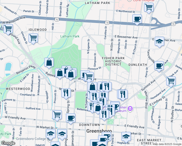 map of restaurants, bars, coffee shops, grocery stores, and more near 712 North Eugene Street in Greensboro