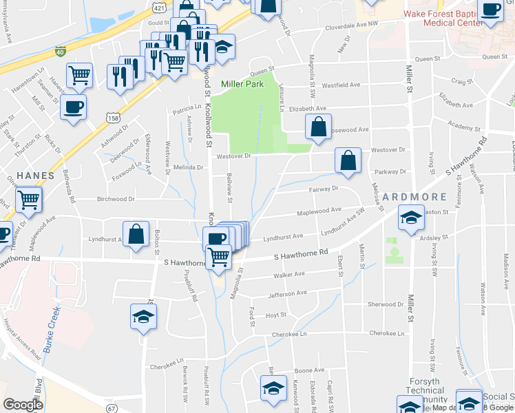 map of restaurants, bars, coffee shops, grocery stores, and more near 840 Magnolia Street in Winston-Salem