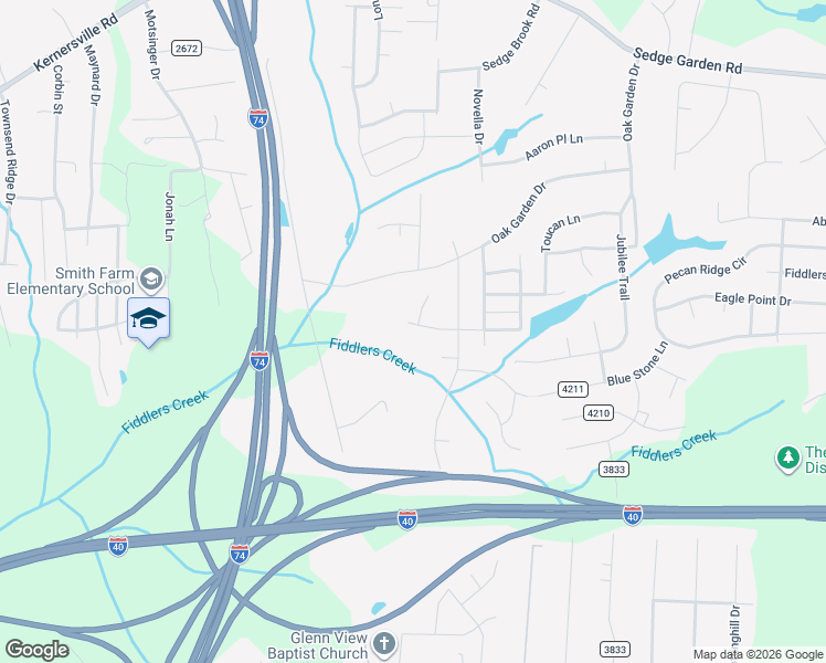 map of restaurants, bars, coffee shops, grocery stores, and more near 5065 Fiddlers Run Drive in Kernersville