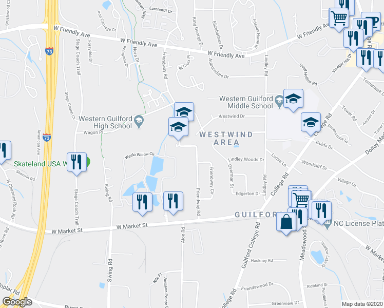 map of restaurants, bars, coffee shops, grocery stores, and more near 307 Friendway Road in Greensboro