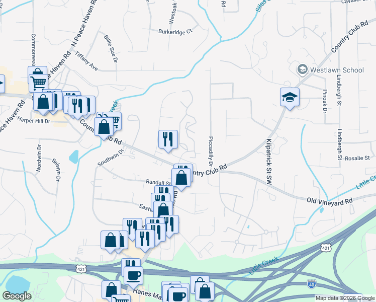 map of restaurants, bars, coffee shops, grocery stores, and more near 110 Crowne Chase Drive in Winston-Salem