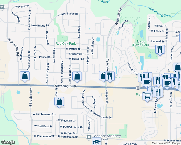 map of restaurants, bars, coffee shops, grocery stores, and more near 1239 North Sicily Lane in Fayetteville