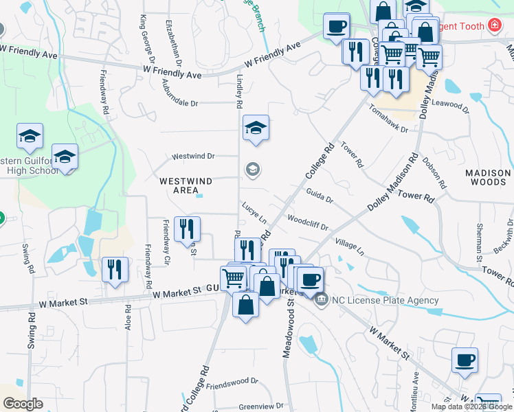 map of restaurants, bars, coffee shops, grocery stores, and more near 6014 Lucye Lane in Greensboro