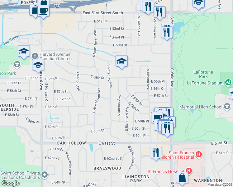 map of restaurants, bars, coffee shops, grocery stores, and more near 5644 South Quebec Avenue in Tulsa