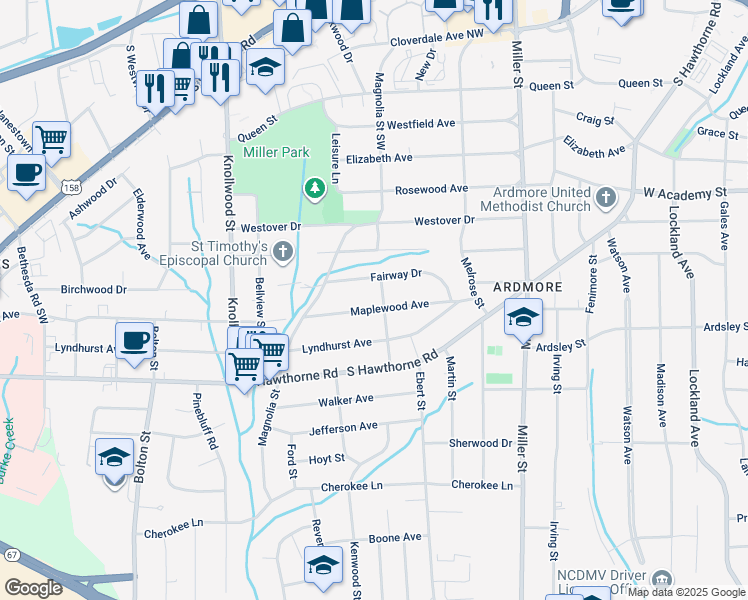 map of restaurants, bars, coffee shops, grocery stores, and more near 2407 Maplewood Avenue in Winston-Salem