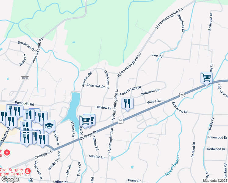map of restaurants, bars, coffee shops, grocery stores, and more near 301 North Hummingbird Lane in Dickson