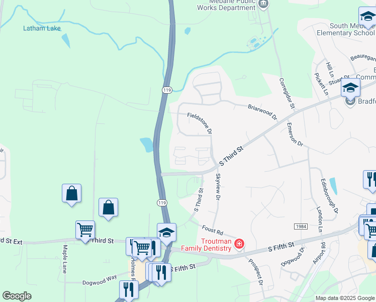 map of restaurants, bars, coffee shops, grocery stores, and more near 2000 Quaker Creek Drive in Mebane
