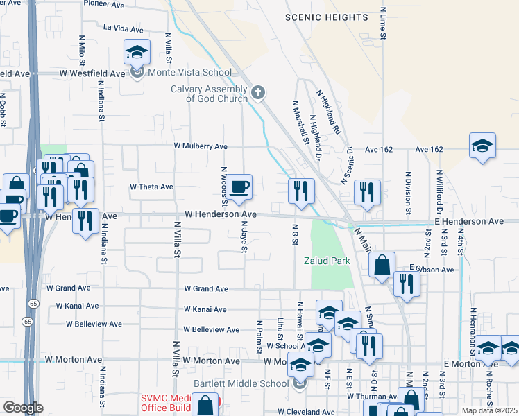 map of restaurants, bars, coffee shops, grocery stores, and more near 810 North Jaye Street in Porterville