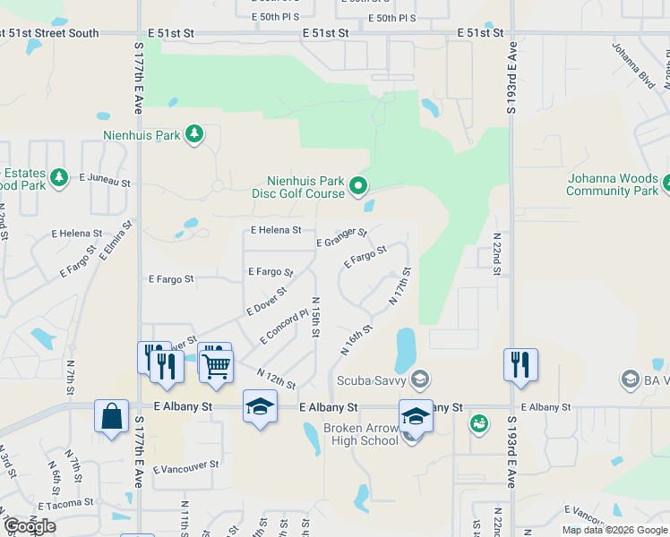 map of restaurants, bars, coffee shops, grocery stores, and more near 1608 East Fargo Street in Broken Arrow