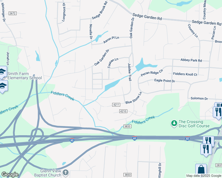 map of restaurants, bars, coffee shops, grocery stores, and more near 5408 Sedge Lake Court in Kernersville