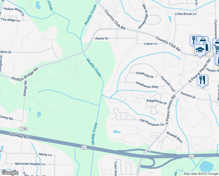 map of restaurants, bars, coffee shops, grocery stores, and more near 5097 River Chase Ridge in Winston-Salem