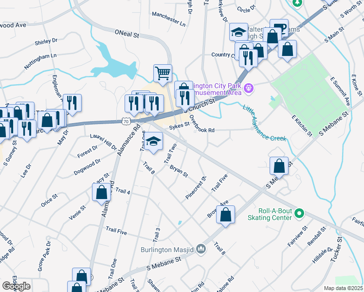 map of restaurants, bars, coffee shops, grocery stores, and more near 1907 Highview Street in Burlington