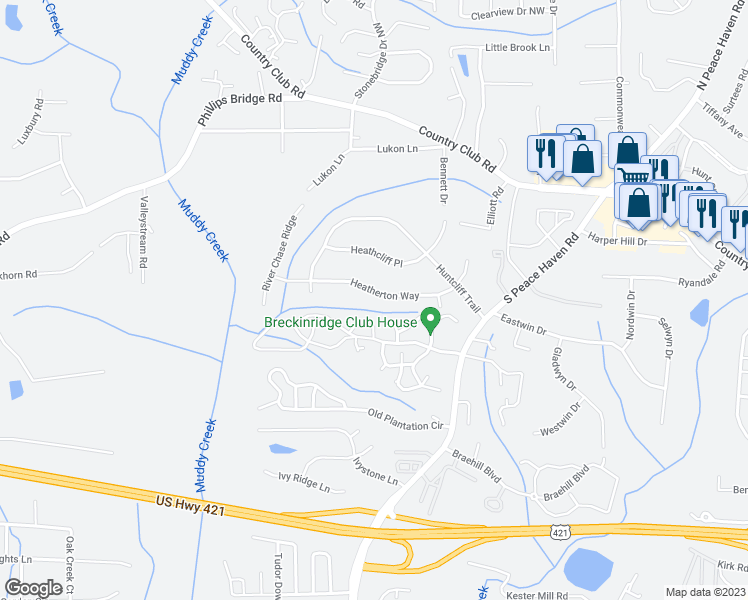 map of restaurants, bars, coffee shops, grocery stores, and more near 237 Heatherton Way in Winston-Salem