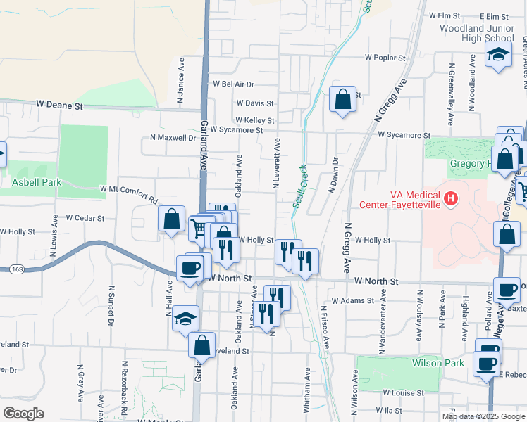 map of restaurants, bars, coffee shops, grocery stores, and more near 1375 North Leverett Avenue in Fayetteville