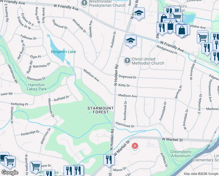 map of restaurants, bars, coffee shops, grocery stores, and more near 3908 Madison Avenue in Greensboro