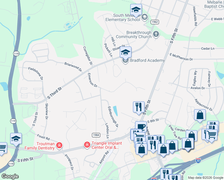map of restaurants, bars, coffee shops, grocery stores, and more near 220 Emerson Drive in Mebane
