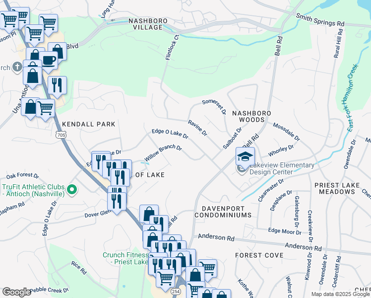 map of restaurants, bars, coffee shops, grocery stores, and more near 2628 Willow Branch Drive in Nashville