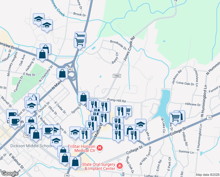 map of restaurants, bars, coffee shops, grocery stores, and more near 105 Jones Creek Road in Dickson