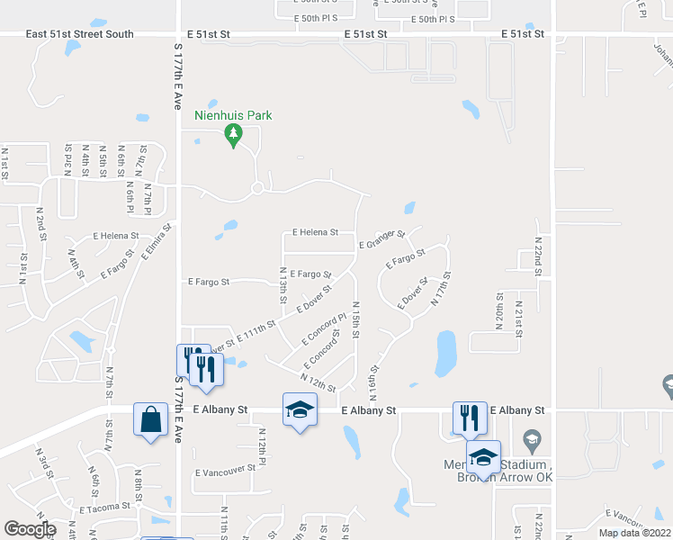 map of restaurants, bars, coffee shops, grocery stores, and more near 1508 East Fargo Street in Broken Arrow