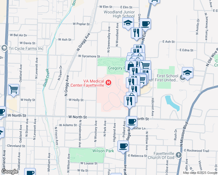 map of restaurants, bars, coffee shops, grocery stores, and more near 1100 North College Avenue in Fayetteville