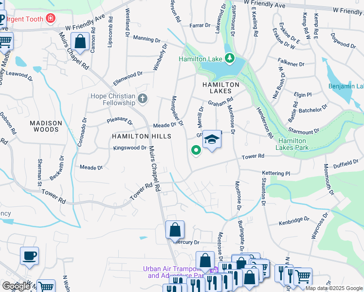 map of restaurants, bars, coffee shops, grocery stores, and more near 817 Montpelier Drive in Greensboro