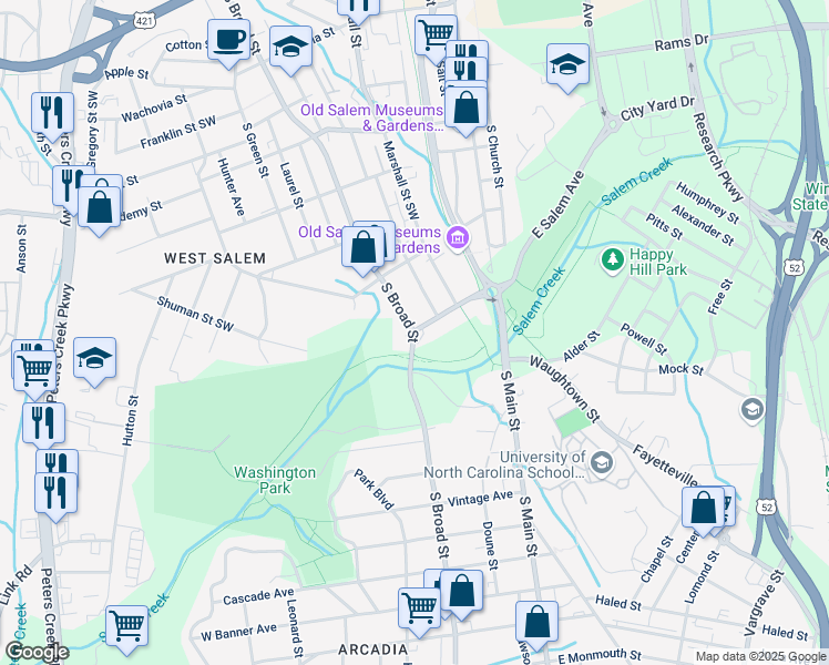 map of restaurants, bars, coffee shops, grocery stores, and more near Broad St S & Salem Ave W in Winston-Salem