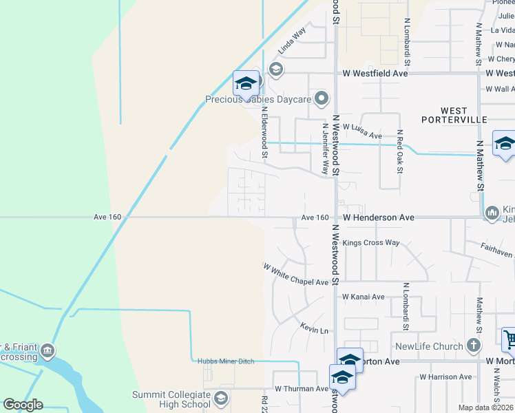 map of restaurants, bars, coffee shops, grocery stores, and more near 2500-2598 West Henderson Avenue in Porterville