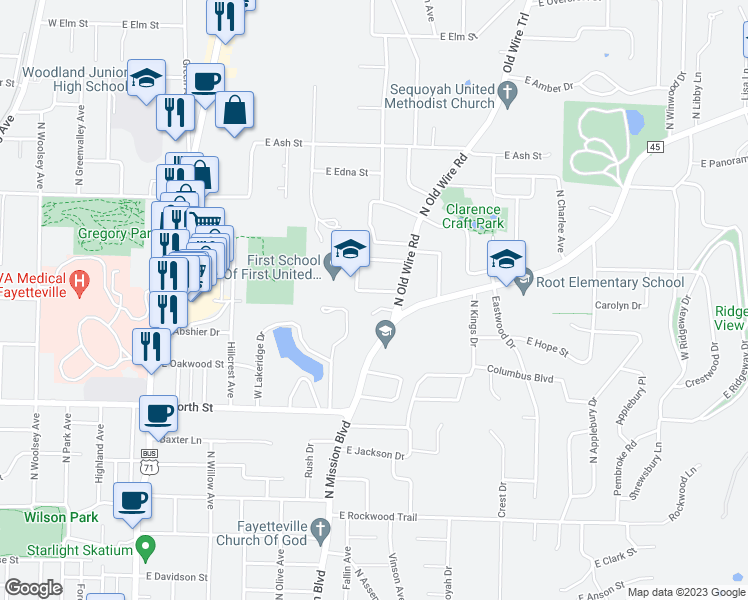 map of restaurants, bars, coffee shops, grocery stores, and more near 787 East Birwin Street in Fayetteville