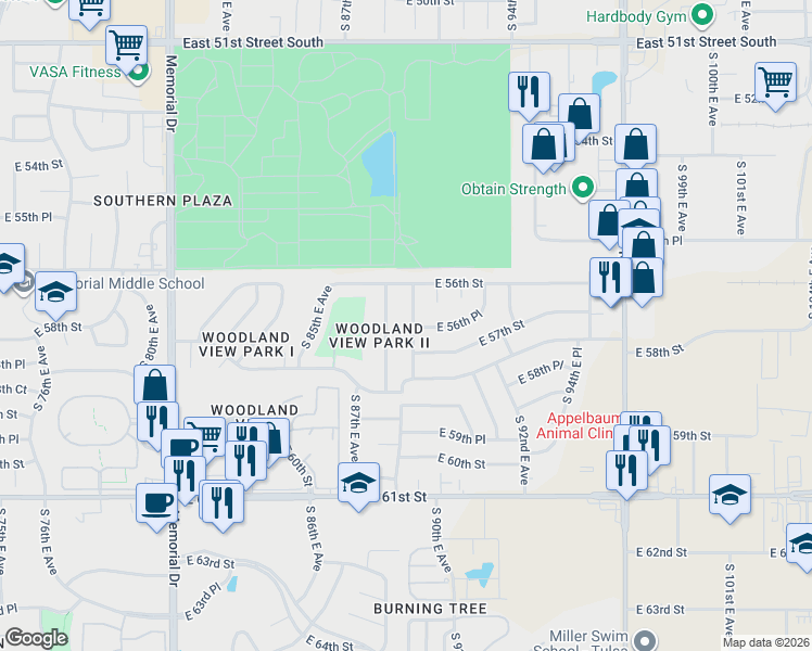 map of restaurants, bars, coffee shops, grocery stores, and more near 5638 South 89th East Avenue in Tulsa