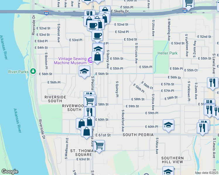 map of restaurants, bars, coffee shops, grocery stores, and more near 5641 South Quincy Avenue in Tulsa