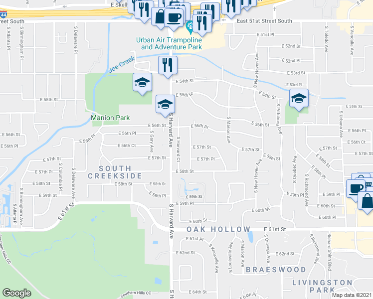 map of restaurants, bars, coffee shops, grocery stores, and more near 5706 South Indianapolis Avenue in Tulsa