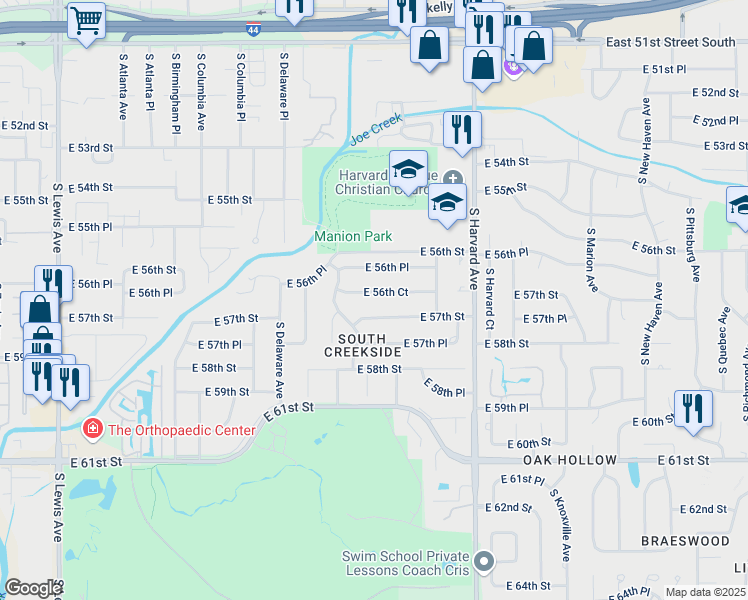map of restaurants, bars, coffee shops, grocery stores, and more near 2938 East 56th Court in Tulsa