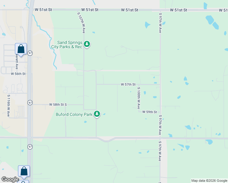 map of restaurants, bars, coffee shops, grocery stores, and more near 5726 South 102nd West Avenue in Sand Springs