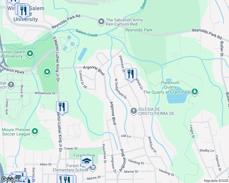 map of restaurants, bars, coffee shops, grocery stores, and more near 1310 W Sedgefield Dr in Winston-Salem
