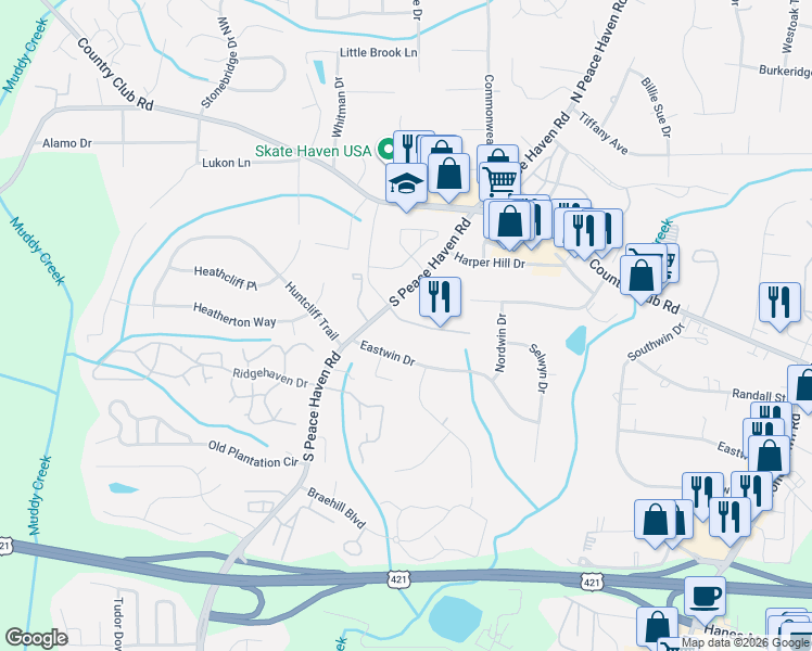 map of restaurants, bars, coffee shops, grocery stores, and more near 116 Sterling Point Court in Winston-Salem