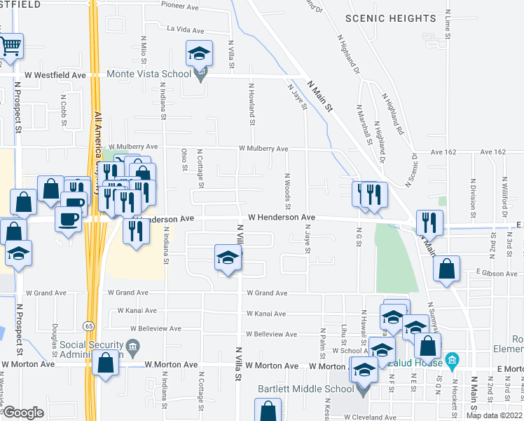 map of restaurants, bars, coffee shops, grocery stores, and more near 546 West Henderson Avenue in Porterville