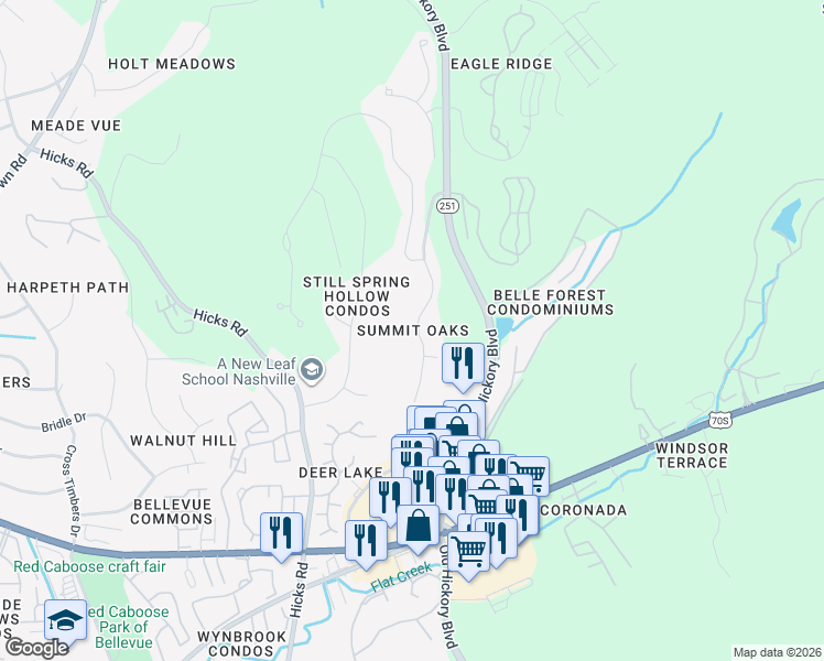 map of restaurants, bars, coffee shops, grocery stores, and more near 201 Summit Oaks Place in Nashville