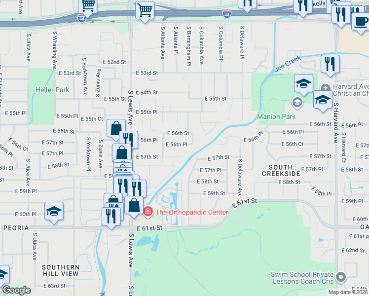 map of restaurants, bars, coffee shops, grocery stores, and more near 2536 East 56th Place in Tulsa