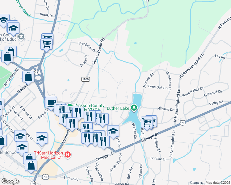 map of restaurants, bars, coffee shops, grocery stores, and more near 113 Dogwood Ln in Dickson